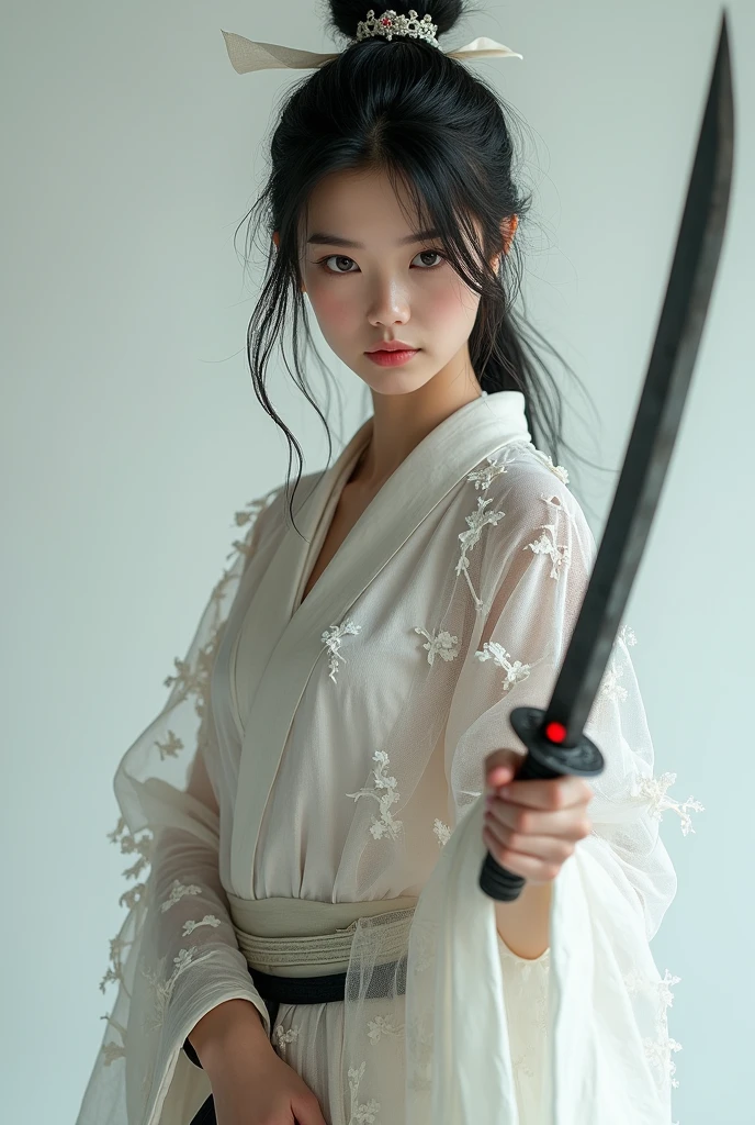 Highest quality, Realistic, Very detailed, finely, High resolution, 8k、Beautiful Japanese Ninja、with double teeth、A face with dimples、Delicate eyes、Facing forward、looking at the camera、White translucent torn clothes、Holding a Japanese sword
