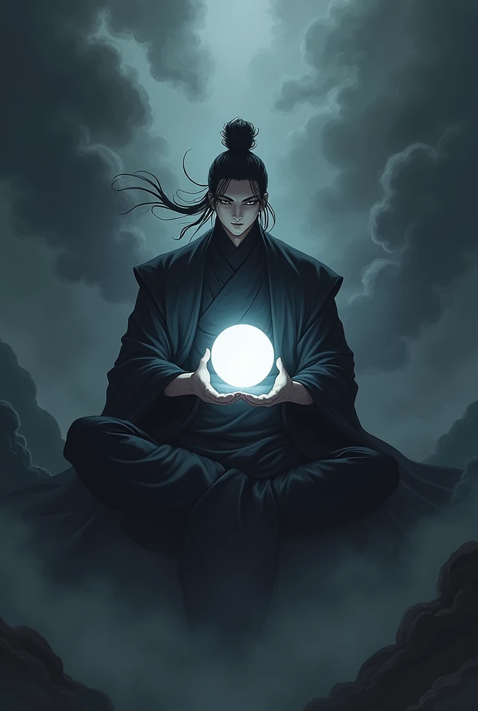 Am evil character in an anime character sitting in a Chinese cultivating posture with a white globe of light in between his hands with his surrounding dark and gloomy with smoke
Make him wear a black armor
Let him be floating in the sky
Make his surrounding very dark with black smokes