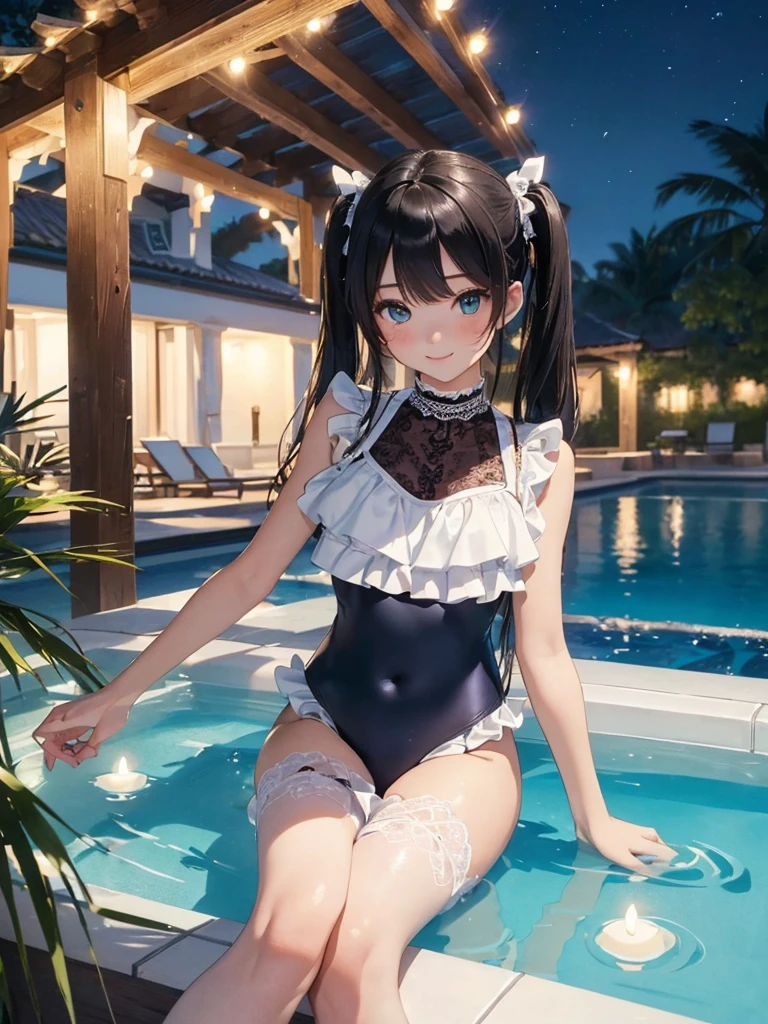 ((masterpiece)), ((highest quality、Ultra high definition)), (Very detailed),(8k、Photo quality)、((Amazingly cute girl)),16-year-old girl)), Two people, , (Beautiful emerald blue eyes), ((smile、Small breasts)),In the open-air bath overlooking the sea, Beautifully arranged black hair in twin tails、Slim Body、(((Cute swimsuit with lace and frills)))、Professional Lighting、(White lace knee-highore detailed and beautiful)、(More details and cutenesore realistic)、((Just wear light clothing))、Frolic in the pool、((unbelievably cute))、((A cute pose))、((Night view))、(Have a drink to stay hydrated)、