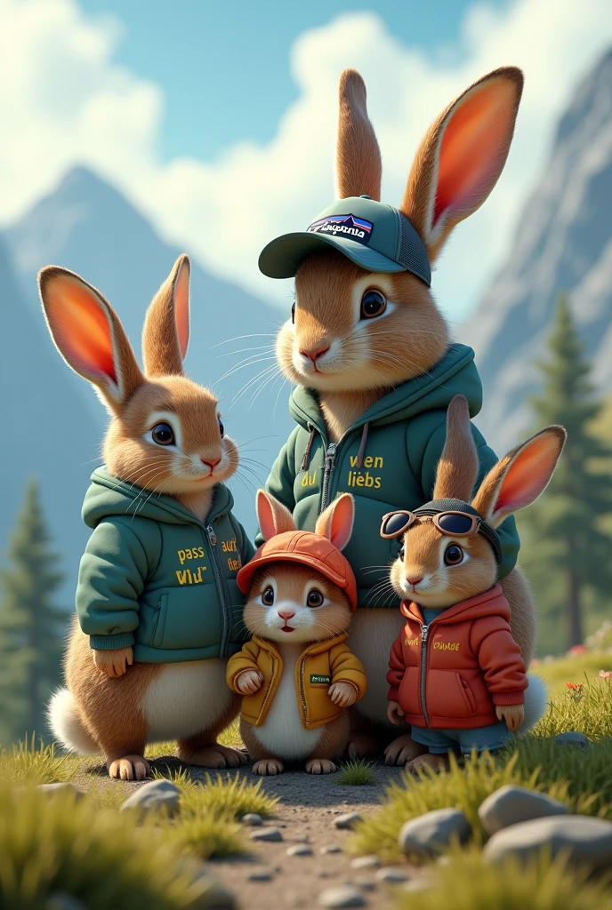 four rabbits on a mountain. the FIRST and largest rabbit is male and a cap from Patagonia. The SECOND rabbit is male and wears a hoodie with "Pass auf wen du liebs" on it. The THIRD rabbit is female with sunglasses and long blonde hair. The FOURTH rabbit is female and wears a hat and is a redhead and love the rabbit with patagonia cap