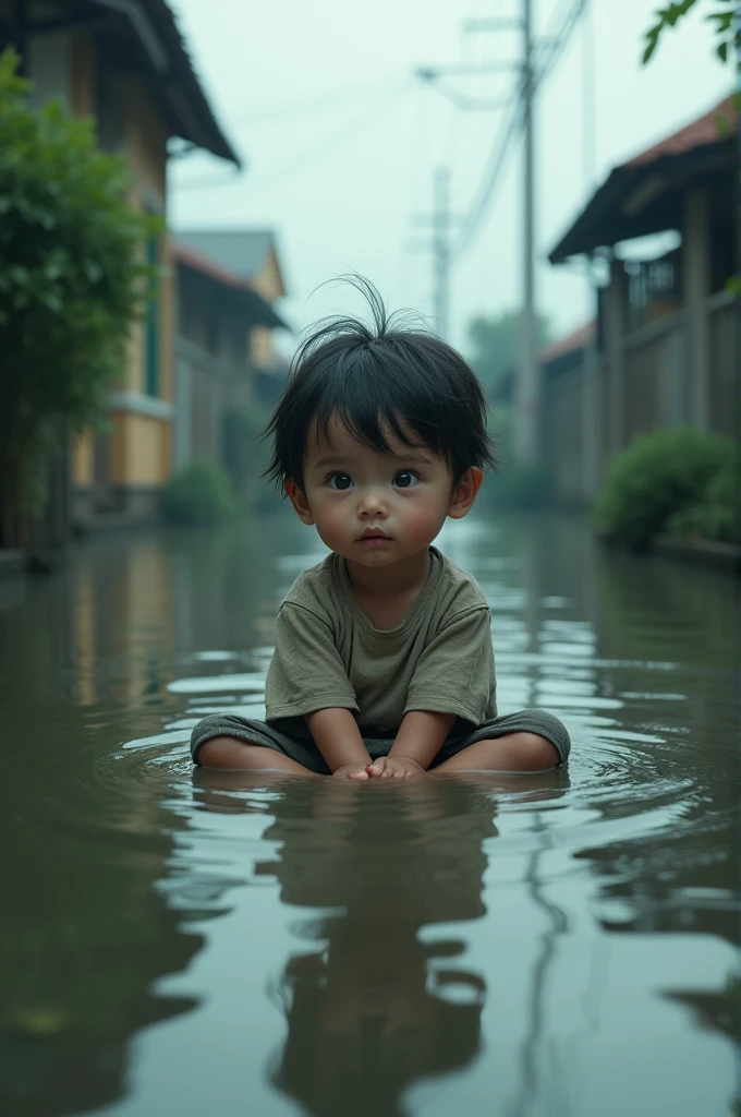 A child is sitting in the flood water