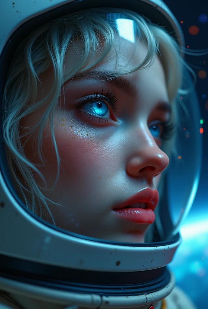 (Close-up of a better masterpiece:1.5)0.9], (Space and astronauts:1.2) (Messy silver hair:1.1) (Heterochromia xanthochromia and blue eyes:1.2) (Space Helmet:1.0) (Colored stars in the eyes:1.0) (A radiant glow:1.1) (thick lips:0.9)