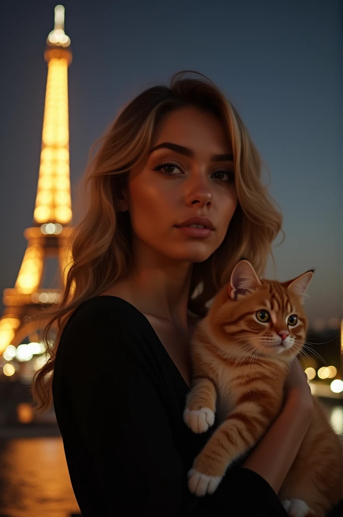 Beautiful realistic Moroccan blonde girl with dark brown eyes, with his cat, 2, woman in a stylish black dress, enjoying a night standing in front of the Eiffel tower, with the iconic landmark and singularly featured in the background, ((with the model showing a full body view)), almond-shaped eyes, oval face shape, prominent cheekbones, and naturally wavy hair ,with a height of 170 cm, high resolution, masterpiece, best quality, complex details, highly detailed, sharpness, detailed skin texture, perfect eye details, profession, 4k resolution, charming smile, shot with Canon, depth of field, Kodak Vision color, extremely detailed, ultra-realistic photography, photo realistic, post processing, maximum detail, true to life, Instagram model, ensure the entire body of the model is shown