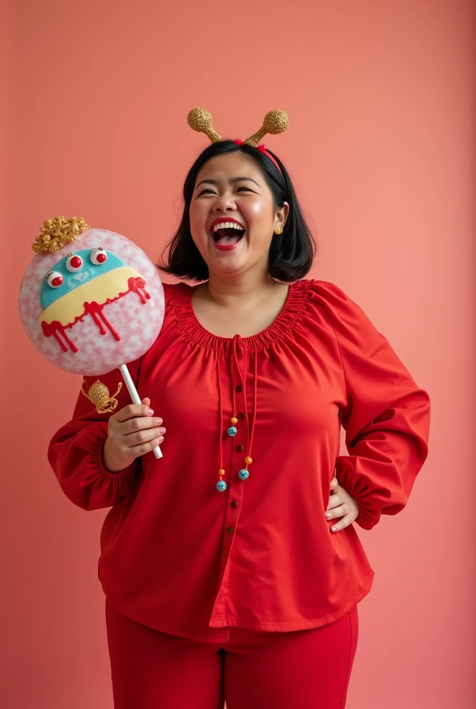 ((best quality, 8K, masterpiece :1.80))
A playful Indonesian woman holds a large candy and grins mischievously, her pose is exaggerated. She is wearing a unique, red outfit with oversized accessories, giving her a fun and quirky look, the candy although large, is designed in a cute, almost toy-like style, adding to the cheerful and fun feel of the scene. The background is bright and cheerful, adding to the overall cheerful atmosphere. Very realistic, studio lighting, sexy, big tits, naughty, cinematic very detailed, realistic, sharp features, very detailed, sharp focus, perfect face, perfect symmetry, perfect eyes, perfect lips, flexible female body shape, cinematic, film light, very detailed. hyperrealistic, masterpiece, atmospheric, high resolution,((passionate)), dynamic studio lighting, black hair, shoulder-length hair tied back into a low ponytail, loose-fitting pants, plumpy. atmospheric perspective, volumetric lighting, clear focus, absurd solution, good anatomy, (realistic, Hyperrealistic: 1.37), 16k HD, information,((full shot)).