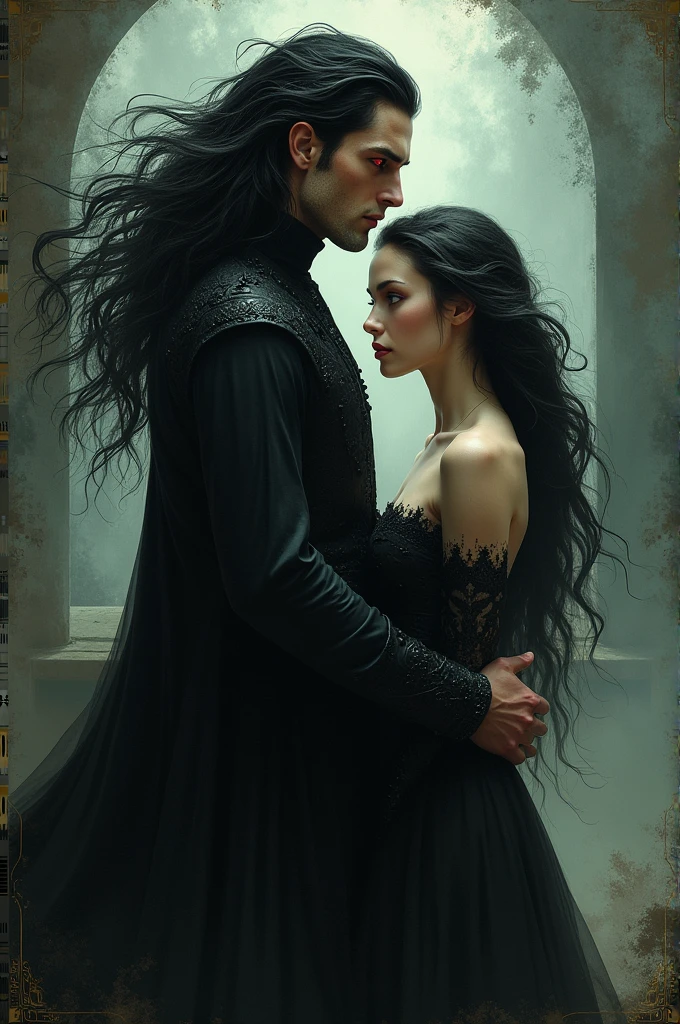 Tall guy, black long hair, red eyes, tan, with a girl