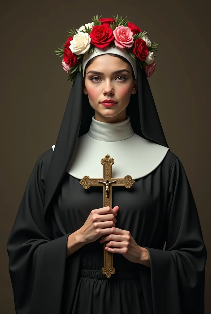 a woman dressed in nun&#39;s clothes, black and white outfit, on the head a crown of roses, holding a crucifix, serene and compassionate look, ultra realistic image, the color of roses are red white and pink
