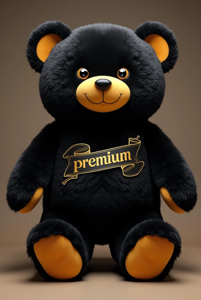 A giant luxury teddy bear, with a black and gold banner that says "Premium". He could be portrayed in a fun and cheerful pose, with a friendly expression on his face. The mascot could interact with the influencer in photo shoots, videos and advertisements, offering tips, plush toy promotions and sales.