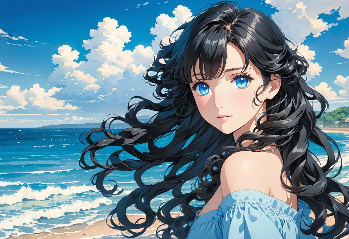  Anime image of a girl. Long black hair. Blue eyes. Near the sea. Curly silky hair,