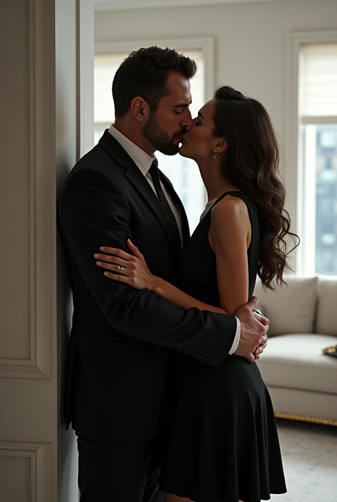 Billionaire male in black suit with her beautiful wife in office formal skirt. The male is pushing his wife in a office wall grabbing her chin to kiss passionately.