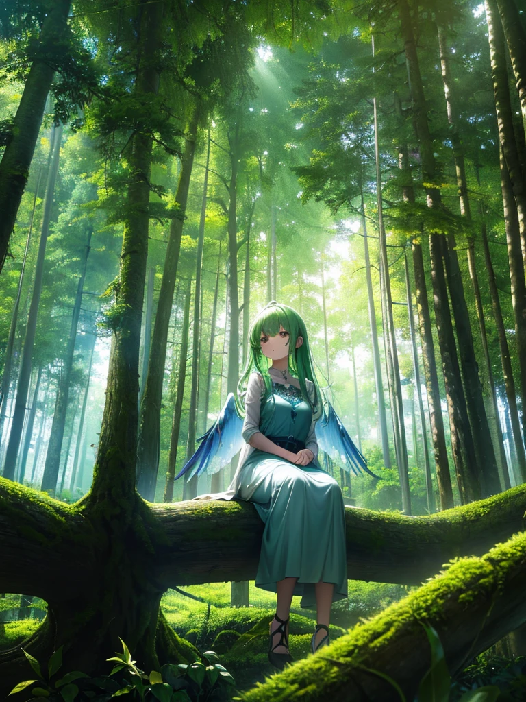 A young girl sits on a mossy log in a tranquil forest, deep in thought. Sunlight filters softly through the dense canopy, casting dappled light around her. Above her head, a dream bubble floats, illustrating her imagination in vivid detail: she has large, luminescent wings and is soaring gracefully above the treetops, surrounded by birds and a clear blue sky. The scene inside the bubble is vibrant and magical, standing in contrast to the calm, earthy tones of the forest. The overall mood captures a blend of serenity, wonder, and the longing to break free and explore the skies.