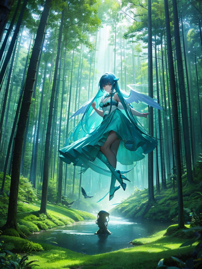 A young girl sits on a mossy log in a tranquil forest, deep in thought. Sunlight filters softly through the dense canopy, casting dappled light around her. Above her head, a dream bubble floats, illustrating her imagination in vivid detail: she has large, luminescent wings and is soaring gracefully above the treetops, surrounded by birds and a clear blue sky. The scene inside the bubble is vibrant and magical, standing in contrast to the calm, earthy tones of the forest. The overall mood captures a blend of serenity, wonder, and the longing to break free and explore the skies.
