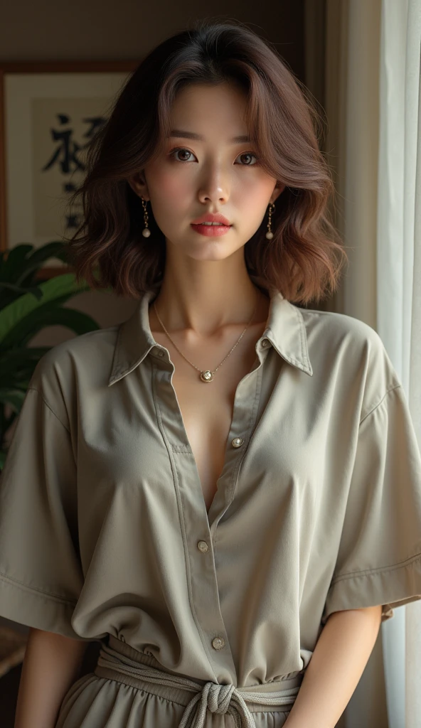 Highest quality, Very detailed, masterpiece, 1 person,Japanese women,(((Perfect female body))),Very beautiful face, Very beautiful body,Gentle expression, Very beautiful eyes,(Perfect Makeup:1.1),Big Breasts,40s、Bob Hair、Brown Hair:1.3, Big Breasts、Soft-looking body、モノトーンビッグサイズShort sleeveシャツ,Ankle Pants,necklace,anklet,A kind smile,Full body portrait,(indoorの背景:1.3), (Glowing Skin),(Earrings),indoor、cute、Short sleeve