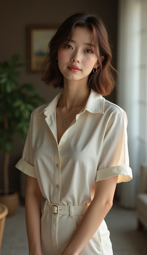 Highest quality, Very detailed, masterpiece, 1 person,Japanese women,(((Perfect female body))),Very beautiful face, Very beautiful body,Gentle expression, Very beautiful eyes,(Perfect Makeup:1.1),Big Breasts,40s、Bob Hair、Brown Hair:1.3, Big Breasts、Soft-looking body、モノトーンビッグサイズShort sleeveシャツ,Ankle Pants,necklace,anklet,A kind smile,Full body portrait,(indoorの背景:1.3), (Glowing Skin),(Earrings),indoor、cute、Short sleeve