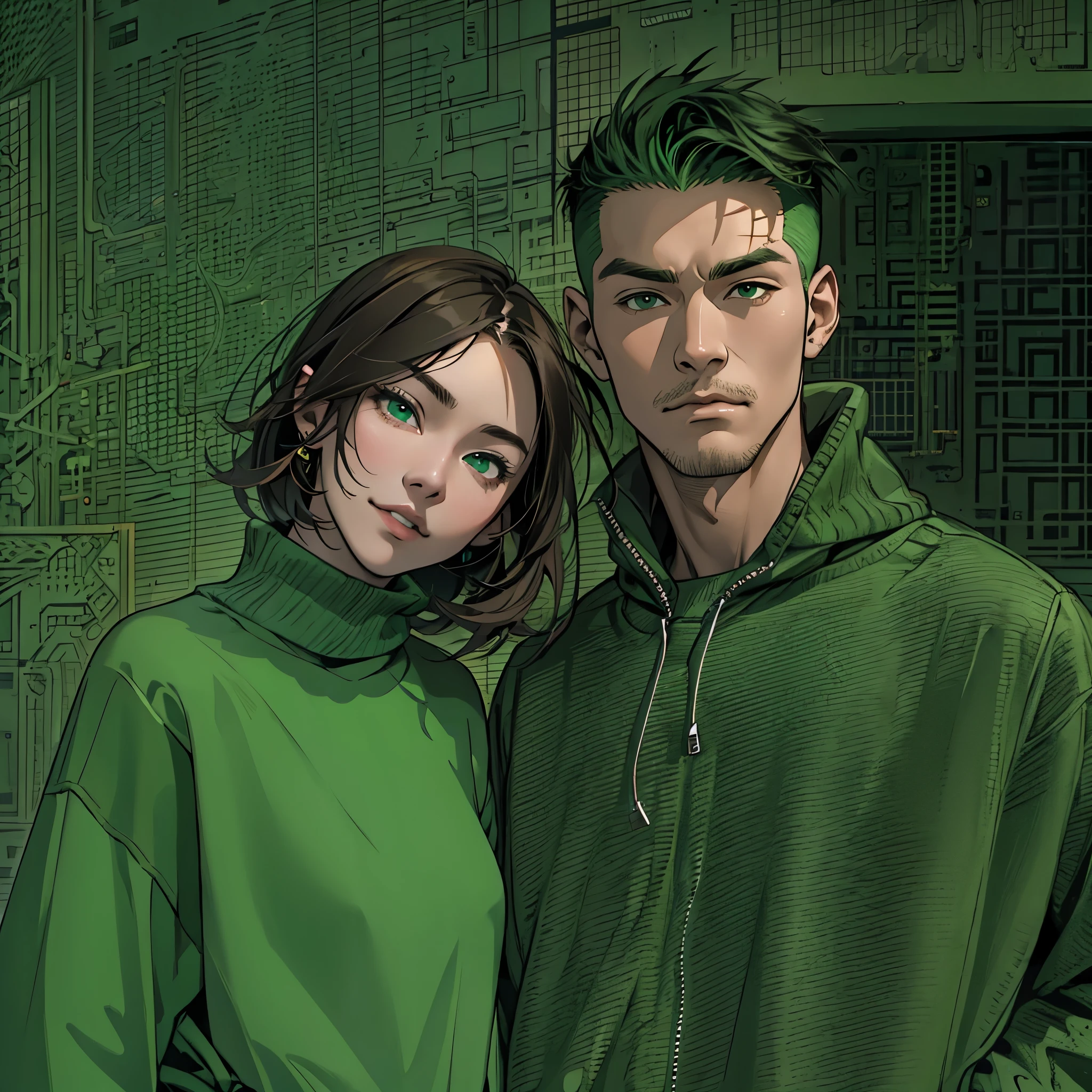 Imagine an MBTI advocate.、A man and a woman in green casual clothes posing like fashion models。Stylish and cool atmosphere。