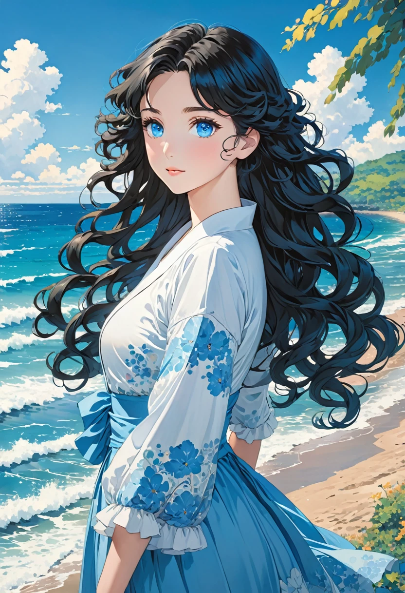  Anime image of a girl. Long black hair. Blue eyes. Near the sea. Curly silky hair,