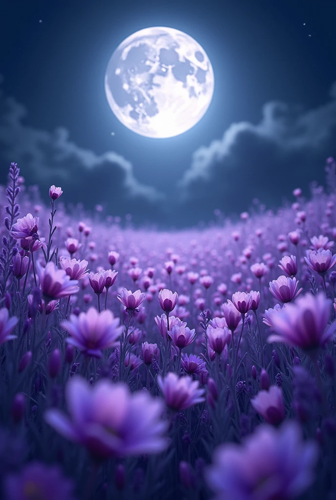 Please make a field of violet flowers in the night with a full moon in the night sky