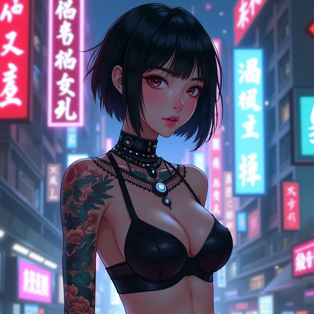 An anime character: Asian woman with oriental tattoos. Her hair is short and straight black.. She is wearing a black bra and technology. Ao fundo, a cyberpunk setting full of neons.