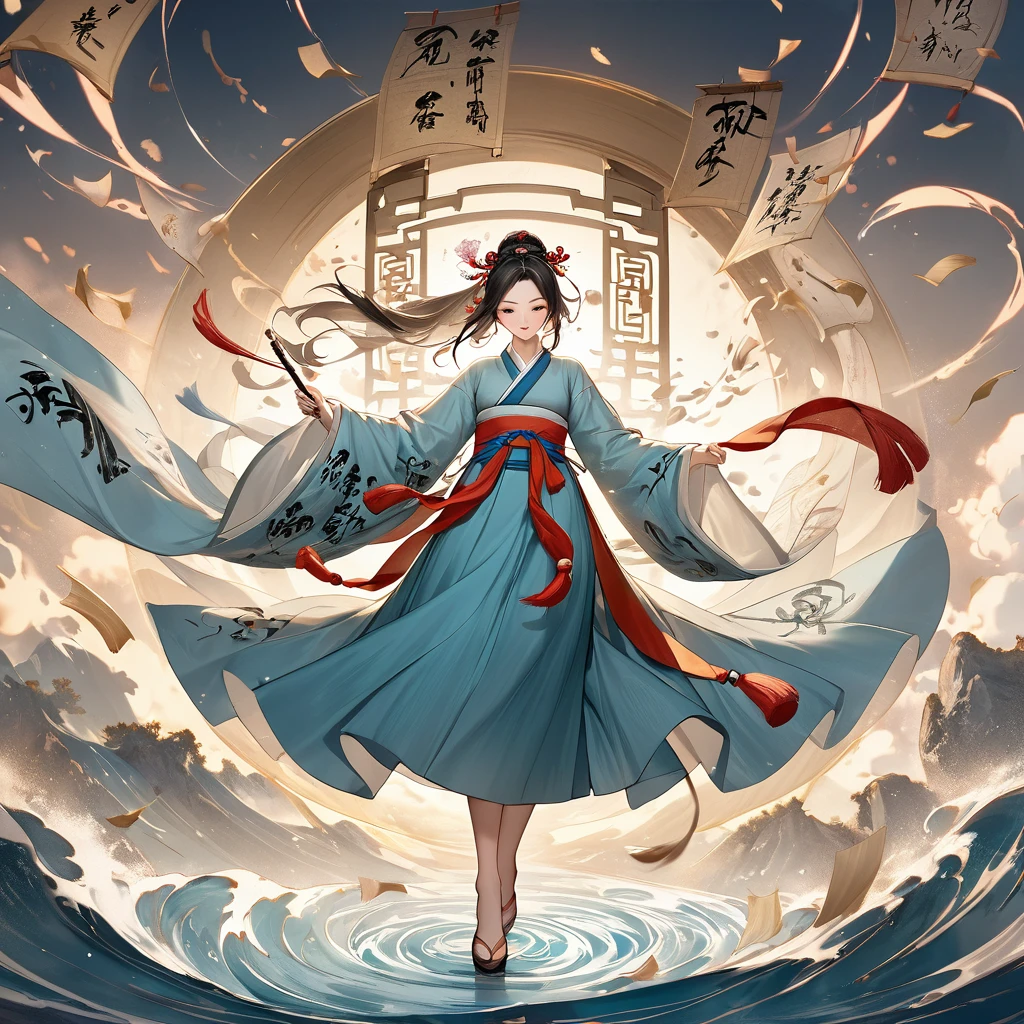 /I Chinese epic style, Hanfu standing in the air writing calligraphy, many Chinese characters surrounding the girl, ancient Chinese Tang Dynasty calligraphy, Chinese characters floating in the air, floating scrolls, whirlpools, ultra-high-definition quality --v 6.1