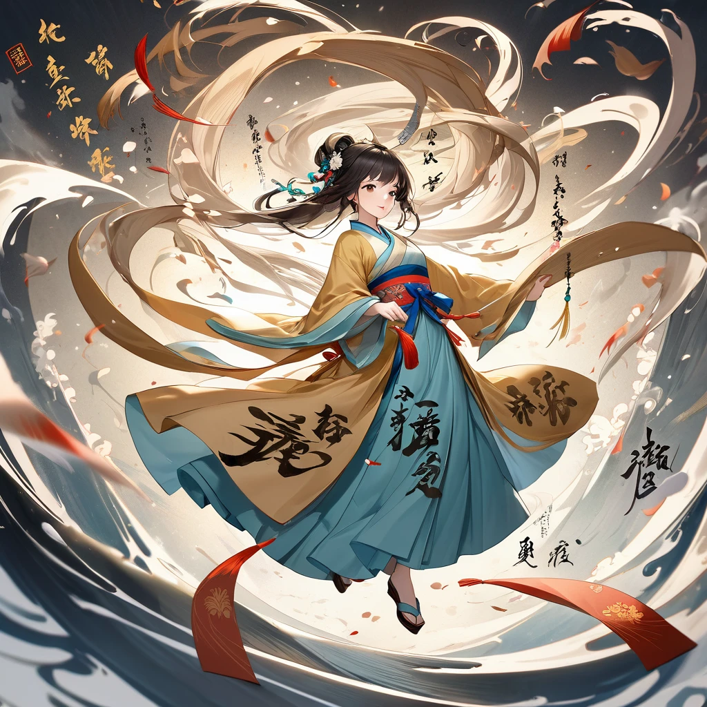 /I Chinese epic style, Hanfu standing in the air writing calligraphy, many Chinese characters surrounding the girl, ancient Chinese Tang Dynasty calligraphy, Chinese characters floating in the air, floating scrolls, whirlpools, ultra-high-definition quality --v 6.1