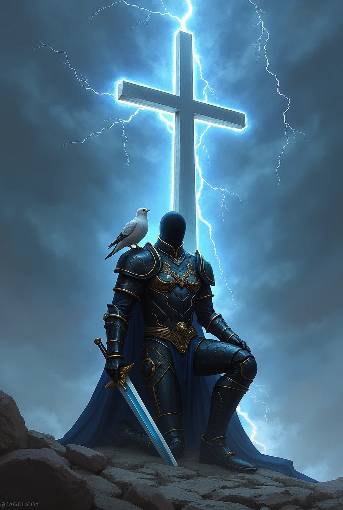 A soldier wearing an armor with a black color and golden edge, solider with no face kneeling  down only on the right  leg,blue sword on his right hand, A golden shield on the left hand,a big cross standing behind the soldier, a lightning all over the place,a dove on the shoulder of the soldier 
