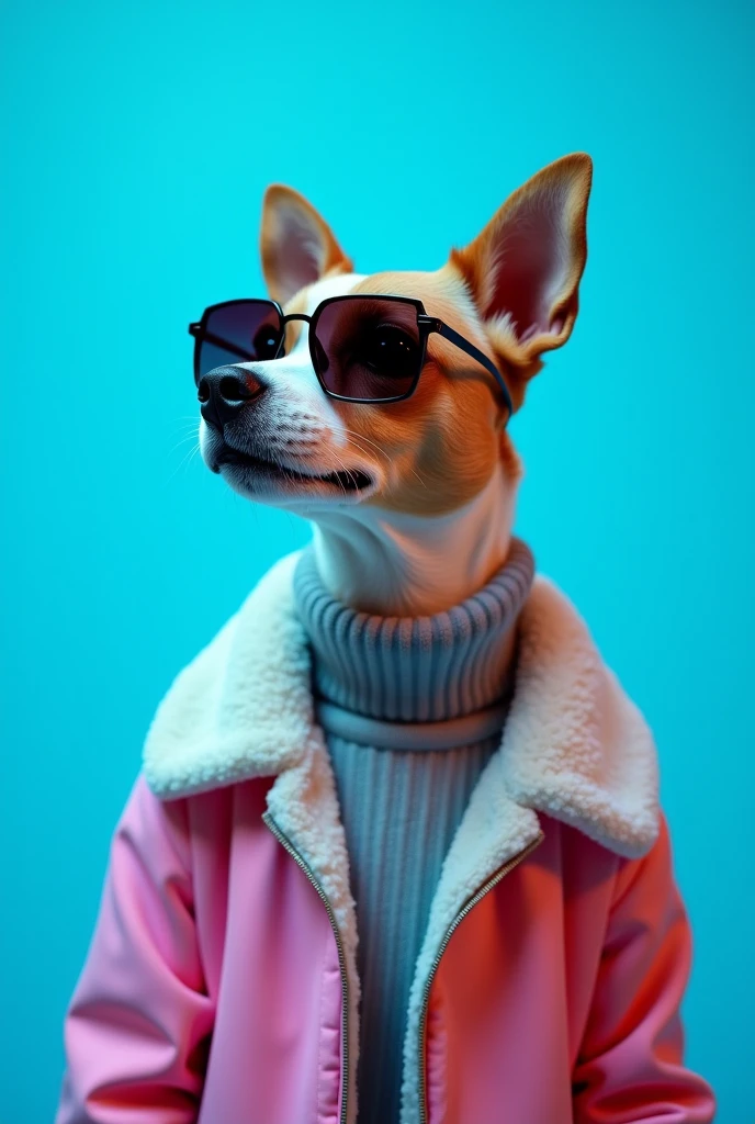 The best cell phone wallpaper, Award-Winning Wallpaper, portrait photography, In the front view is a portrait of a cute dog wearing mid-1960s space age fashion, Side view photo, Shot with Canon EOS R5, Set a strong contrast that accentuates the subject, Fluorescent blue tone, Wearing a very modern coat and sunglasses is a modern 1960s style, Clothes all in one color, beautiful background