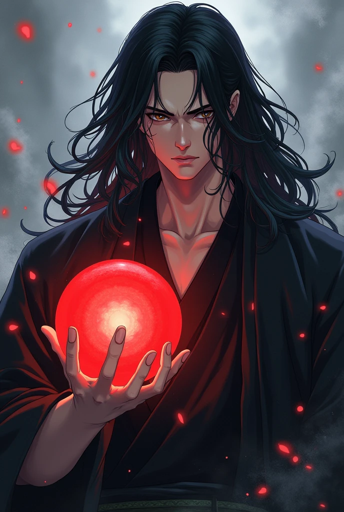 black haired, cold looking man, black eyes, long hair, majestic features, wearing a kimono, holding a glowing red ball of energy in his hand, novel cover.
