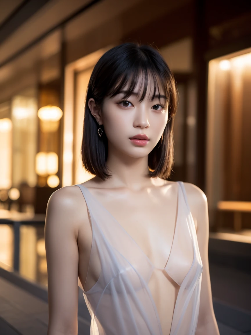 masterpiece:1.2, Very detailed, Ultra-high resolution, Realistic, photo Realistic:1.6, High-resolution RAW color photos, Professional photos, Sharp focus:1.2, Very detailed顔と肌の質感, Very beautiful eyes, Glossのある肌, Glowing Skin, Glowing Skin, Shining Face, Gloss, Oily skin, greasy face, Oily skin, greasy face,, real Glossのある肌 texture, Perfect Anatomy, Very detailed背景,(Luxury resort at night),1 female,25-year-old woman, Japanese women,height: 168cm,short hair, Straight hair, bangs, Brown Hair,((Flat Chest:1.6)), (Sexy, gorgeous and elegant see-through super luxury dress),(濡れてVery transparentドレス:1.6),,Luxury earrings、Luxury Necklace、Very transparent