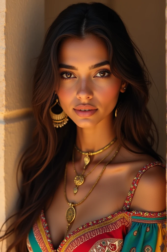 A beautiful Moroccan girl, dark brown eyes, 2, almond shaped eyes, oval face shape, wavy hair, 170cm, 65kg, highly detailed face, detailed skin texture, elegant poses, colorful Moroccan dress, gold jewelry, natural lighting, dramatic shadows, warm color palette, portrait, realistic, photorealistic, 8k, masterpiece