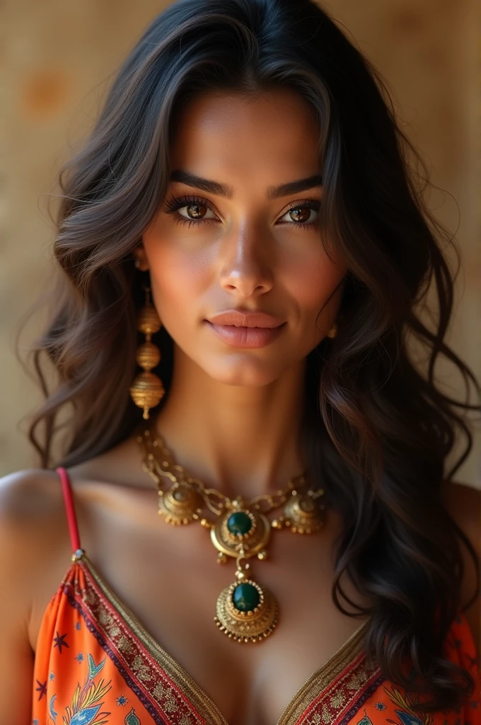 A beautiful Moroccan girl, dark brown eyes, 2, almond shaped eyes, oval face shape, wavy hair, 170cm, 65kg, highly detailed face, detailed skin texture, elegant poses, colorful Moroccan dress, gold jewelry, natural lighting, dramatic shadows, warm color palette, portrait, realistic, photorealistic, 8k, masterpiece