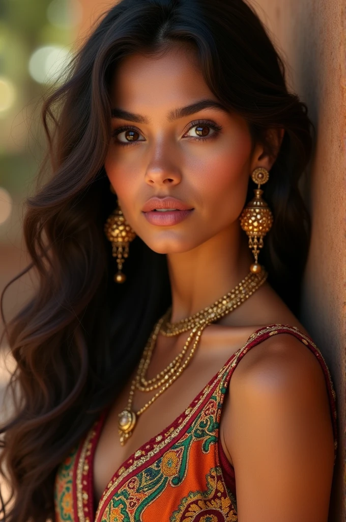 A beautiful Moroccan girl, dark brown eyes, 2, almond shaped eyes, oval face shape, wavy hair, 170cm, 65kg, highly detailed face, detailed skin texture, elegant poses, colorful Moroccan dress, gold jewelry, natural lighting, dramatic shadows, warm color palette, portrait, realistic, photorealistic, 8k, masterpiece