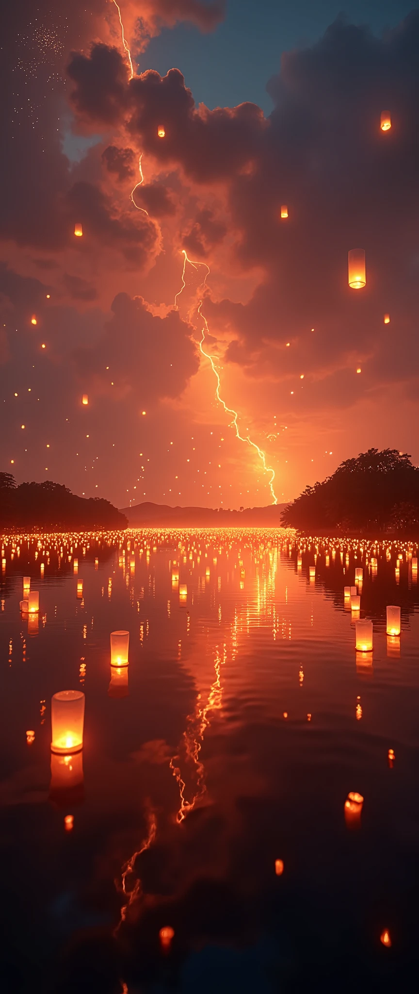 (masterpiece:1.2,Exceptional Quality,mirror-like,Cinematic Experience),8k,wallpaper,(Countless lanterns released into the sky above the lake:2.0),(Diffuse reflection of light:2.0),(Dynamic Angles:2.0)