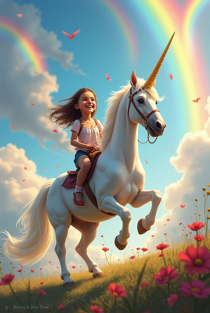 Guy riding unicorn with alot alot alot of rainbows