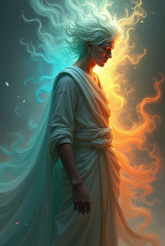 Cinderis Pyronexus, in his human form, appears as an ordinary individual clad in simple, flowing garments that subtly hint at his immense power. His clothes, though unassuming, seem to ripple and shift with his elemental control. His eyes are deep wells of shifting colors—flaming red, icy blue, verdant green—reflecting his mastery over 31 elements. His hair flows with the same elemental energy, shifting hues and texture with his focus. Despite his regular appearance, his presence radiates an overwhelming aura of power, making it clear that beneath the surface lies a deity-like force capable of commanding the fundamental elements of the universe.