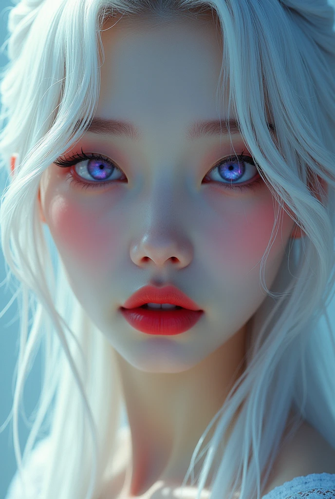 Asian woman with galaxy purple eyes ,juicy red lips, white hair
