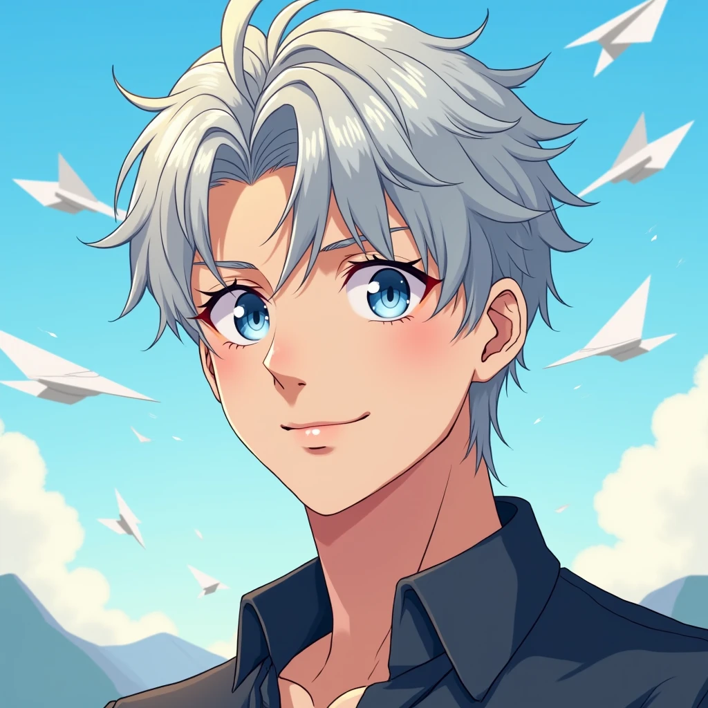 This temperament male anime avatar,The protagonist is a cool boy,Also a male god。He has short, neat, slightly curly hair.,His hair color is a fashionable silver gray and his eyes are bright,Eye color is deep blue,As if he could see into people's hearts,The look in his eyes reveals firmness and confidence。Long eyelashes droop gently,Adds a bit of tenderness and charm to these eyes。Thick and strong eyebrows,Together with his eyes, they make up his handsome face。
The face shape is clearly defined,Smooth lines,The chin is slightly raised,Demonstrating an unyielding。Straight nose,The nasal wings are moderate,Adds a bit of three-dimensionality to the whole face。The corners of the mouth slightly raised,Draw a charming smile,As if ready to share his joy and enthusiasm with the world。
Background,You can choose a simple and bright color as the background,Such as fresh blue or warm,To highlight the handsomeness and vitality of the protagonist。You can also add some elements that match the theme.,Like floating clouds、Flying paper airplanes or mountains in the distance,Add a lively and interesting touch to the entire avatar。
