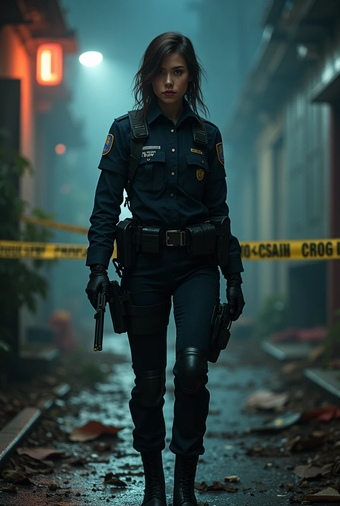 Women officer, whole body in crime scene