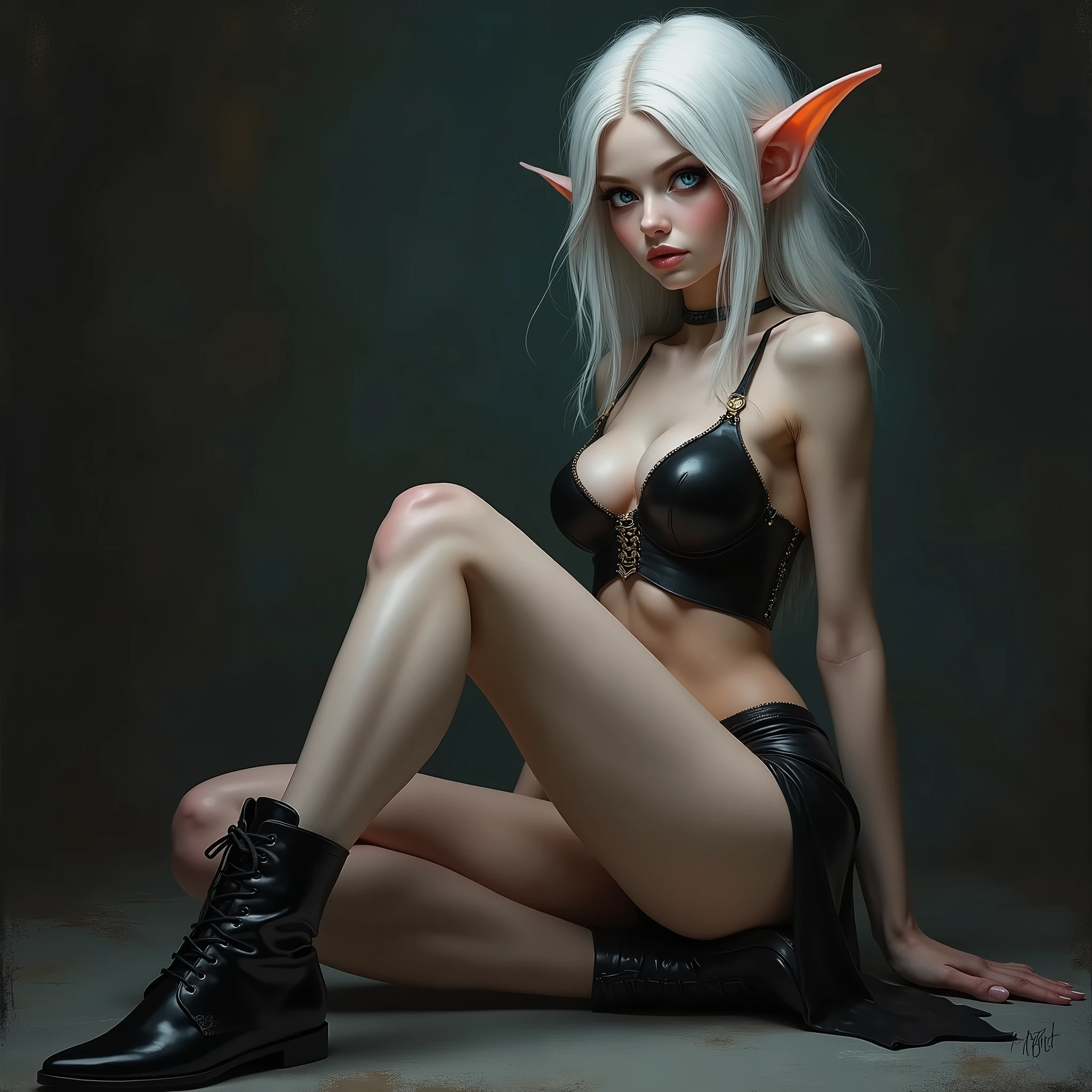 A (((full-body))), ultra-detailed, ((hyper-realistic)), ((masterpiece)) fantasy art painting, in the style of Dungeons and Dragons, of an ethereally beautiful 18-year-old elf woman. She has doll-like caucasian features and ((very pale porcelain skin)). Her large eyes are a striking blue, and she is wearing ((heavy black eye shadow)). She has a very slim ((petite body)) with long (((thin legs))). Her ((huge round breasts)) look far too large for her skinny body. She is wearing a tight crop top, an extremely short miniskirt, and black boots. She is sitting in a provocative pose that shows off her legs, and her (((whole body from head to toe))) is shown in the photo. The lighting is dramatic and cinematic, and her skin is shiny.