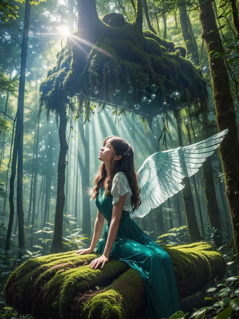 A young girl sits on a mossy log in a tranquil forest, deep in thought. Sunlight filters softly through the dense canopy, casting dappled light around her. Above her head, a dream bubble floats, illustrating her imagination in vivid detail: she has large, luminescent wings and is soaring gracefully above the treetops, surrounded by birds and a clear blue sky. The scene inside the bubble is vibrant and magical, standing in contrast to the calm, earthy tones of the forest. The overall mood captures a blend of serenity, wonder, and the longing to break free and explore the skies.