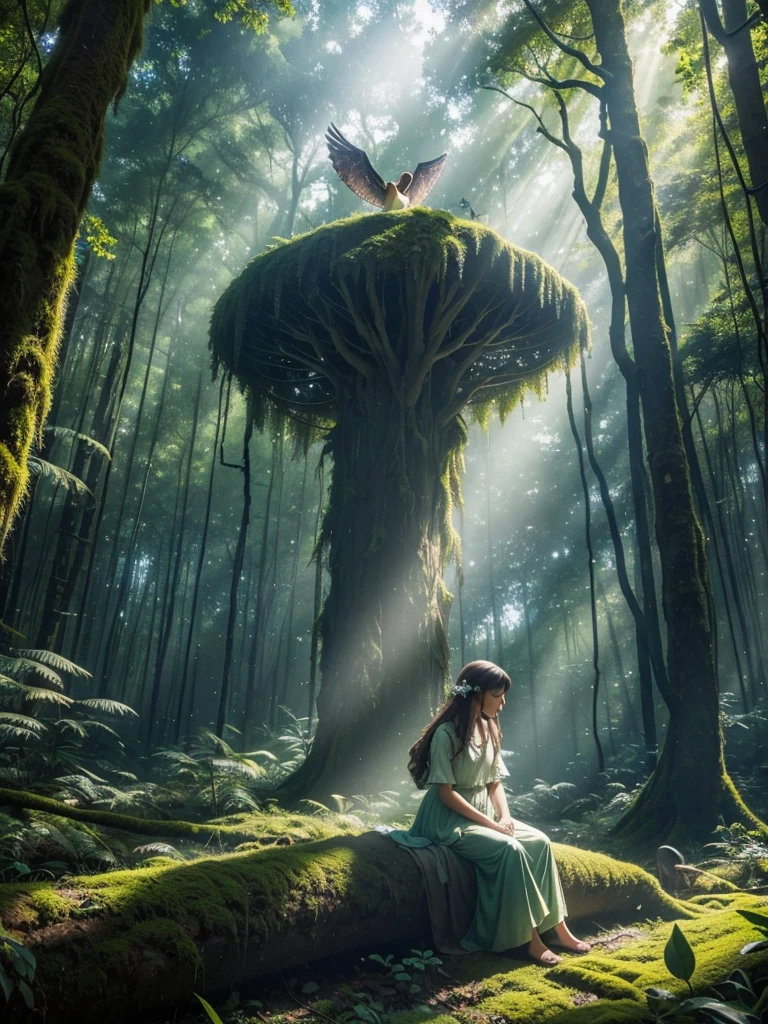 A young girl sits on a mossy log in a tranquil forest, deep in thought. Sunlight filters softly through the dense canopy, casting dappled light around her. Above her head, a dream bubble floats, illustrating her imagination in vivid detail: she has large, luminescent wings and is soaring gracefully above the treetops, surrounded by birds and a clear blue sky. The scene inside the bubble is vibrant and magical, standing in contrast to the calm, earthy tones of the forest. The overall mood captures a blend of serenity, wonder, and the longing to break free and explore the skies.