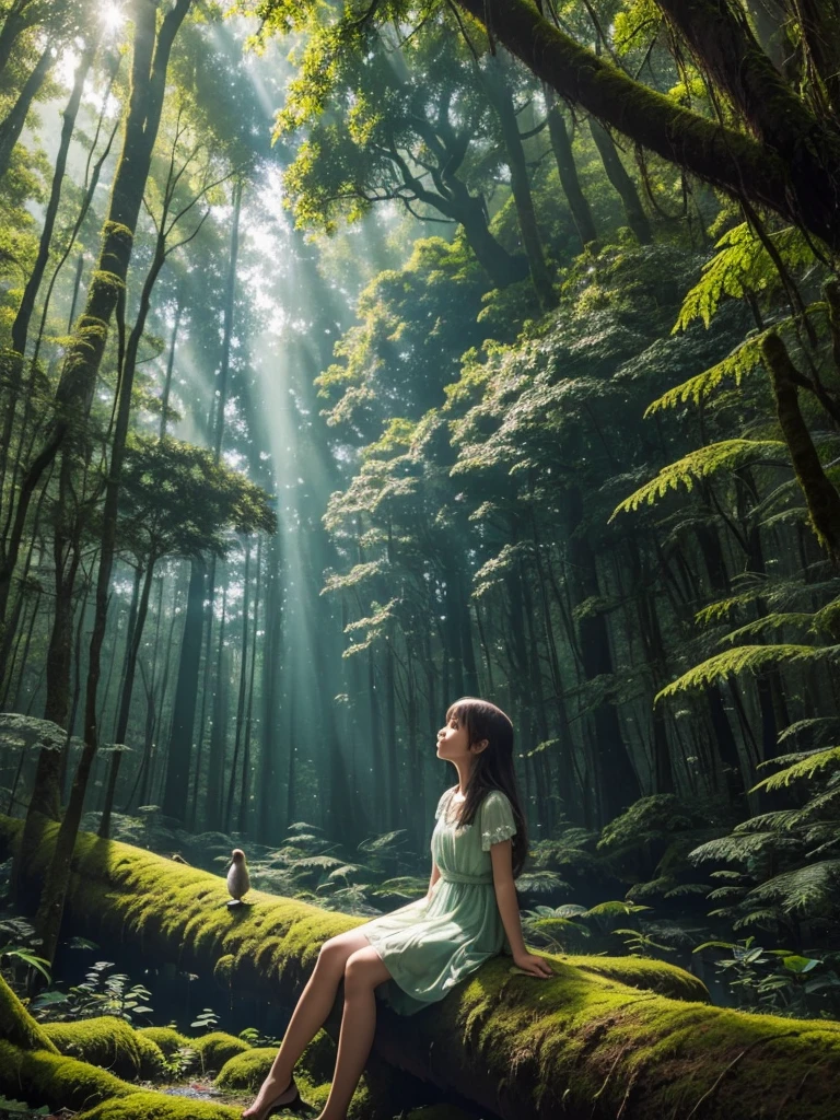 A young girl sits on a mossy log in a tranquil forest, deep in thought. Sunlight filters softly through the dense canopy, casting dappled light around her. Above her head, a dream bubble floats, illustrating her imagination in vivid detail: she has large, luminescent wings and is soaring gracefully above the treetops, surrounded by birds and a clear blue sky. The scene inside the bubble is vibrant and magical, standing in contrast to the calm, earthy tones of the forest. The overall mood captures a blend of serenity, wonder, and the longing to break free and explore the skies.