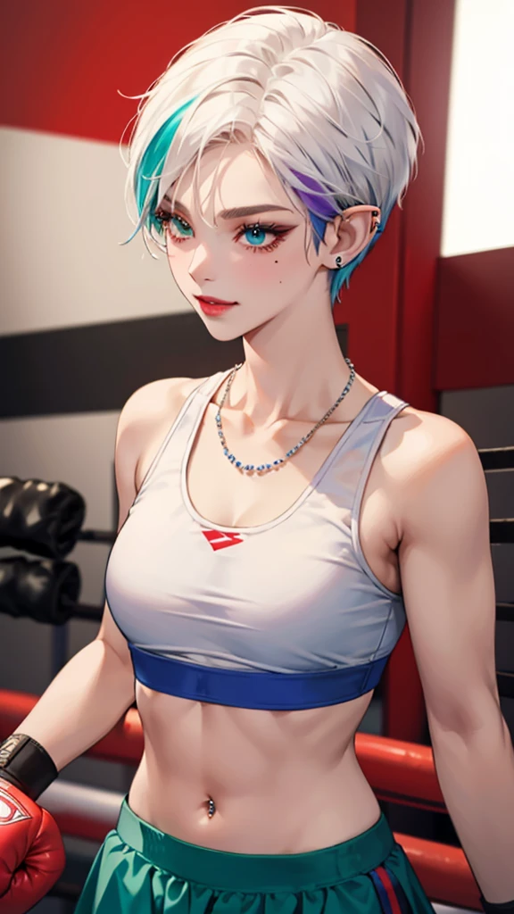 8k, masterpiece, best quality, highly detailed, 1 girl, elf, pixie cut, multicolored hair, very short straight hair red highlight hair on white hair, strippled hair, earrings, navel piercing, red eyeshadow, long eyelashes, blushed cheek, red lips, pearl necklace, rings, collarbone, muscular, mole on face, glamorous, teal and purple clothes, sleeveless, sport skirt, sport bra, smirk, close up view, rings, looking at viewer, boxing gym, boxing glove, MMA