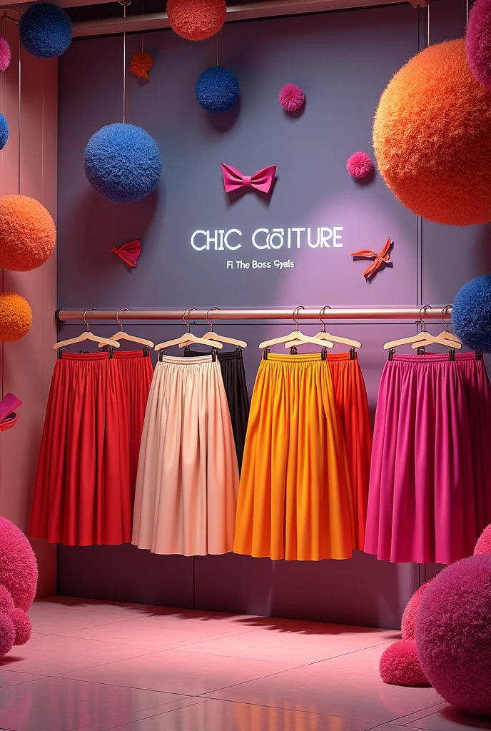 I want a picture of a brand named chic couture
On it should be skirts and a little touch of hair
Below should be a motto that says fi the boss gyals.
Just the skirt and a twirl of hair
No human around
Only the skirts in bright colors, a beautiful different skirt background and a twirl of hair( make it fit well)
The skirts should be in like in a store( long and short skirts with different colors) in hangers and there about them a twirl of wigs( I want it in there in different shapes and sizes) a beautiful background with the brand name and motto