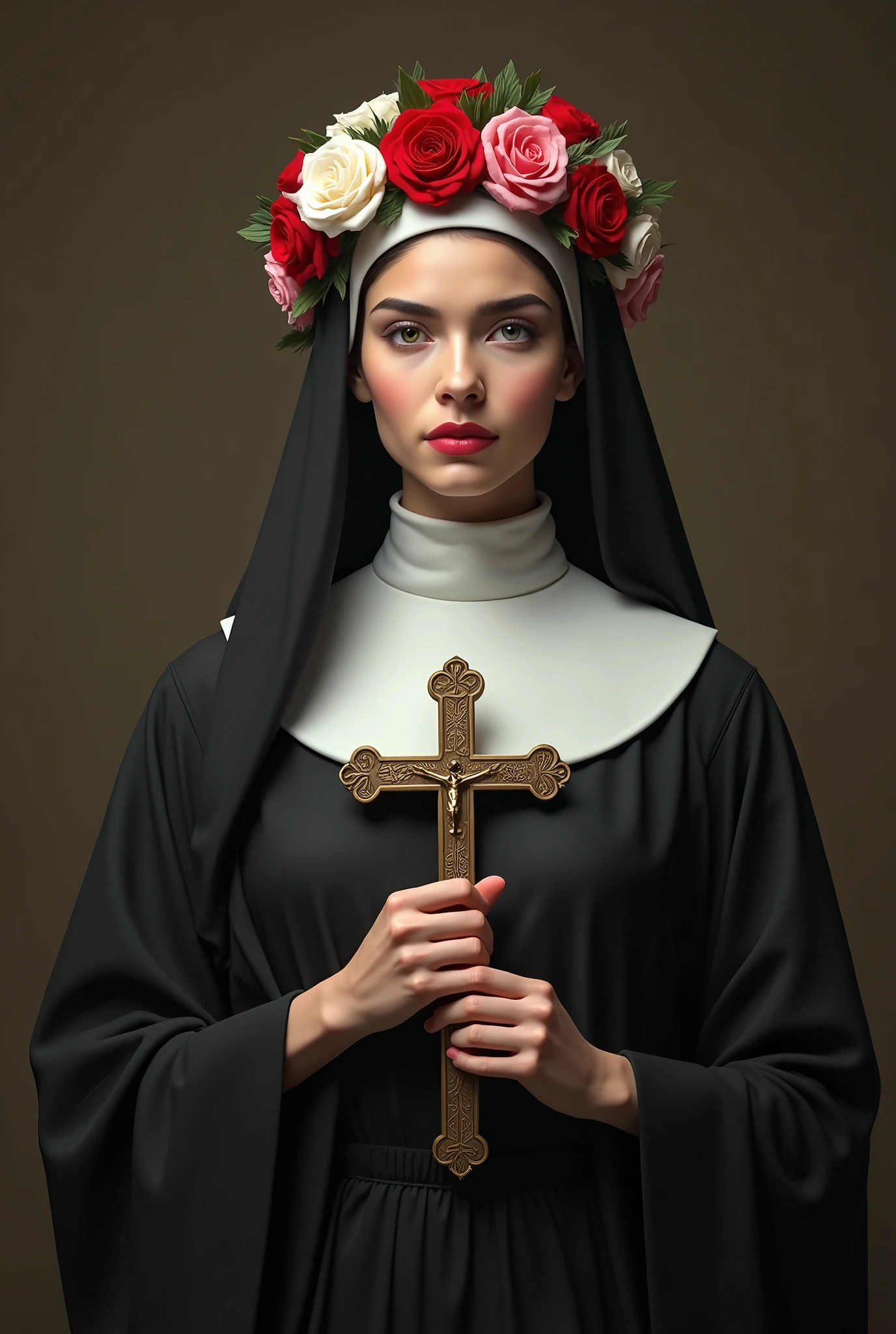 a woman dressed in nun's clothes, black and white outfit, on the head a crown of roses, holding a crucifix, serene and compassionate look, ultra realistic image, the color of roses are red white and pink