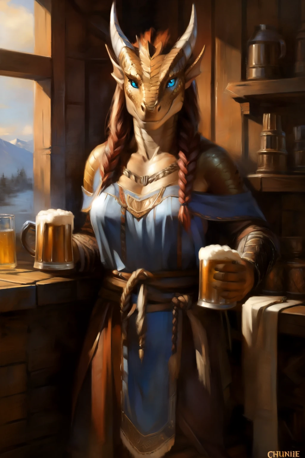 Masterpiece, realistic, best quality, primitive image, high detailed scales, full body, art by chunie, (by chunie:1), general plan, (an anthro dragon), ((solo sexy woman)), solo, female dragon, Female lizard, long red braid hair, glowing luminous blue eyes, long eyelashes, membranous ears, horn's, natural breast, viking cloth, old viking dress, slim body, character (carries mugs of beer), (cozy atmosphere, log house, heart, heartfire, trophy on the wall)