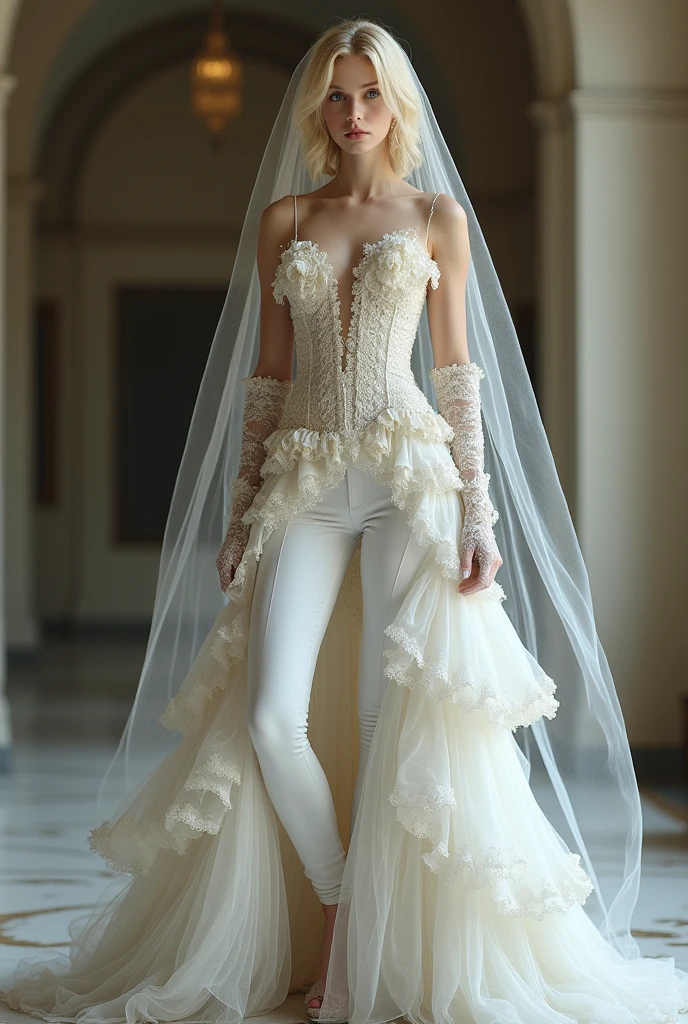 Full body image of slim androgynous young man, with blonde hair and light blue eyes, rococo groom dress. She wears a unique outfit that combines a dress with very tight white dress pants.. The pants are complemented by a layered dress train that starts at the waist., with lace and tulle. the top, an imperial collar with full lace at the waist, sleeveless, without transparencies, decorated with delicate ruffles and sewn crystals that add a touch of luxury. The ensemble is completed with a bridal veil in layers of more than five meters., elbow length lace gloves