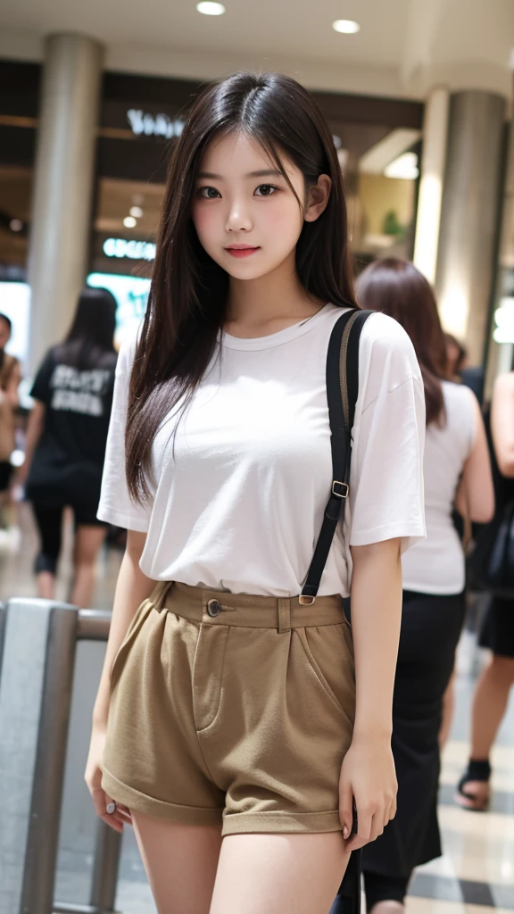 Indonesian girl 19-year-old Fringe Hair , wearing casual uptown short pants with stocking at mall