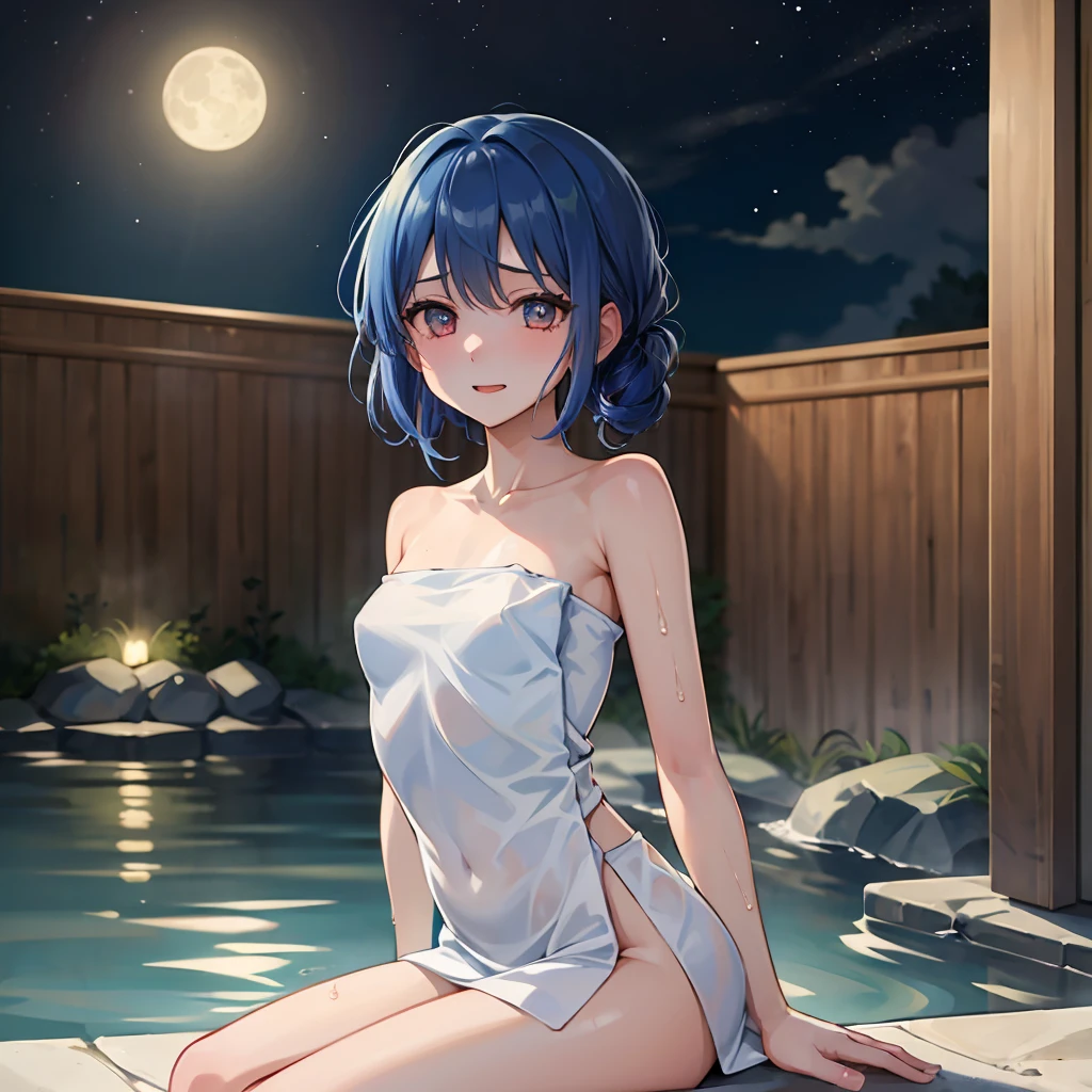 2D, masterpiece, Highest quality, anime, Very detailed, One Girl、Small breasts、Blue Hair、Shy laugh、semi-long、Side Tail、Naked with a wet towel、Open-air bath、Moonlit Night、