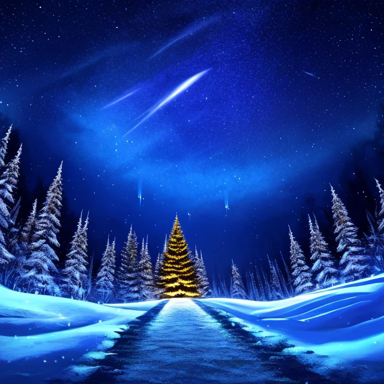 Masterpiece, best  quality, high quality, extensive landscape photography (a view from below showing the sky above and an open forest below), 1White tiger, Solo, Animal, on a path looking at the landscape, white siberian tiger, has Blue eyes, full fur, white fur (particle of light around of the tiger), night scenery, Full moon,, (shooting stars, (warm light source), (Firefly), ( snowflake), (snow on tree) 4k, ultra detailed, (dynamic composition), very detailed and colorful details, (bright lighting, ambient lighting), dreamy, magical