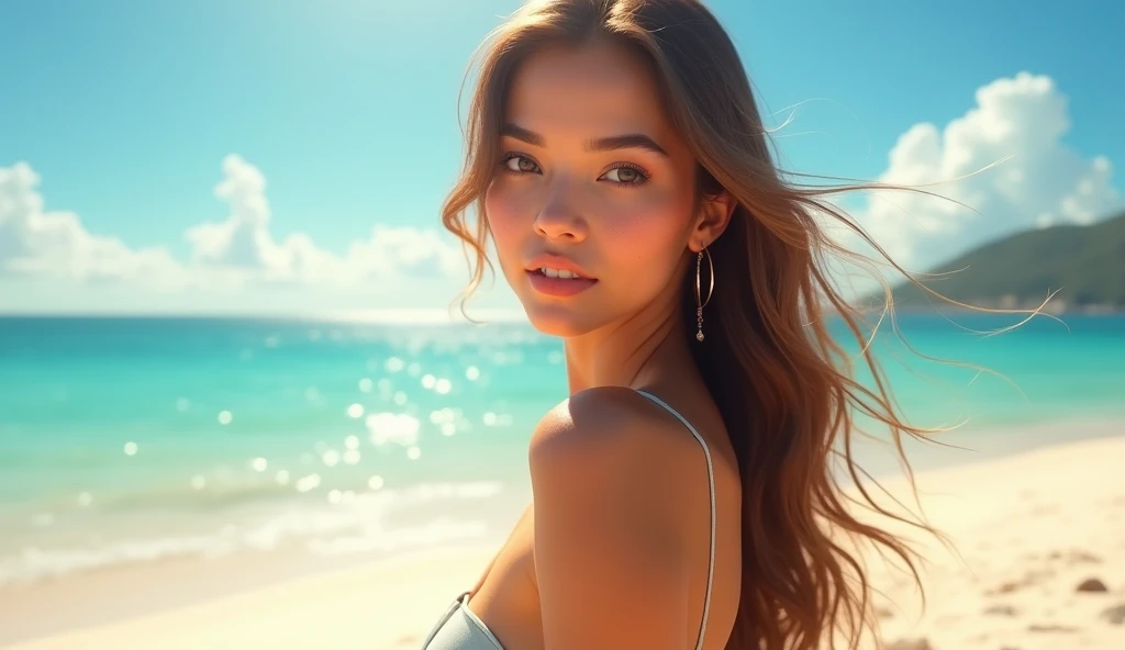 Create a beautiful hot girl image in beach standing with beautiful blushing face