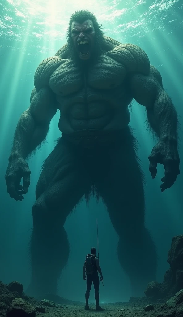 A giant man in the ocean staring at a diver with a scary and hungry face,4K,HD,Realistic 